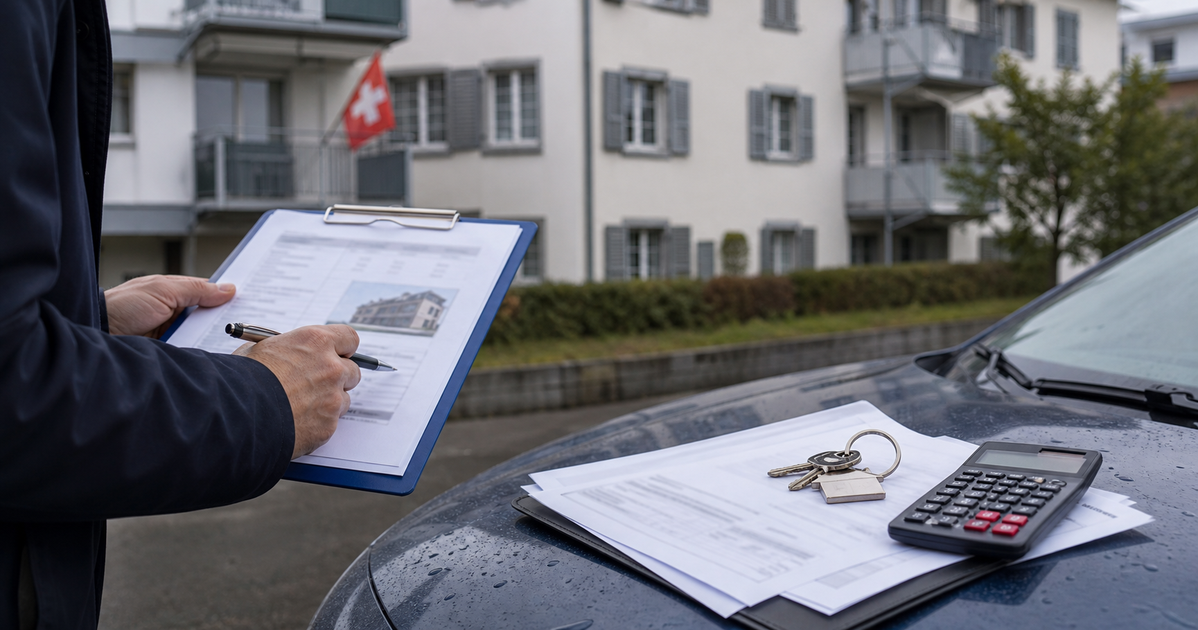 Documents, calculatrice et maison pour une estimation immobiliere suisse